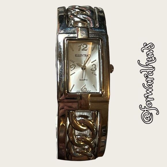 Ellen Tracy Silver Tone Cuff Watch with Mother Of Pearl - Picture 4 of 10